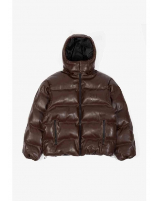PUFFER HOOD FAUX LEATHER BROWN