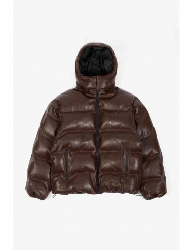 PUFFER HOOD FAUX LEATHER BROWN