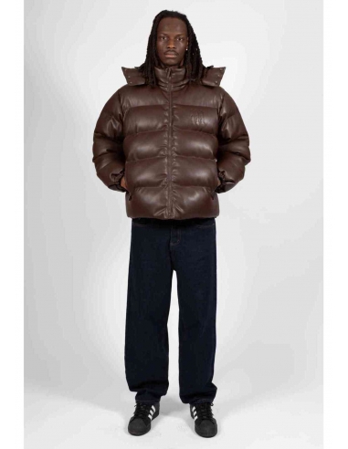 PUFFER HOOD FAUX LEATHER BROWN