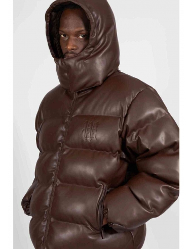 PUFFER HOOD FAUX LEATHER BROWN