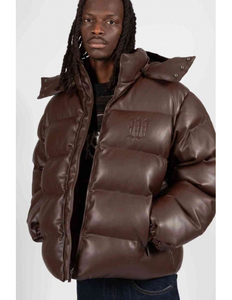 PUFFER HOOD FAUX LEATHER BROWN