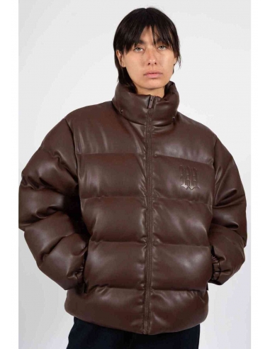 PUFFER HOOD FAUX LEATHER BROWN