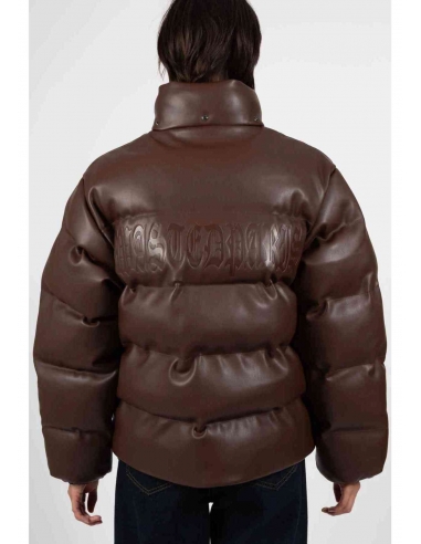 PUFFER HOOD FAUX LEATHER BROWN