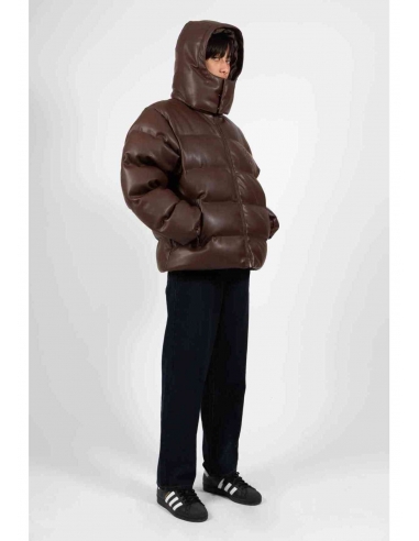 PUFFER HOOD FAUX LEATHER BROWN